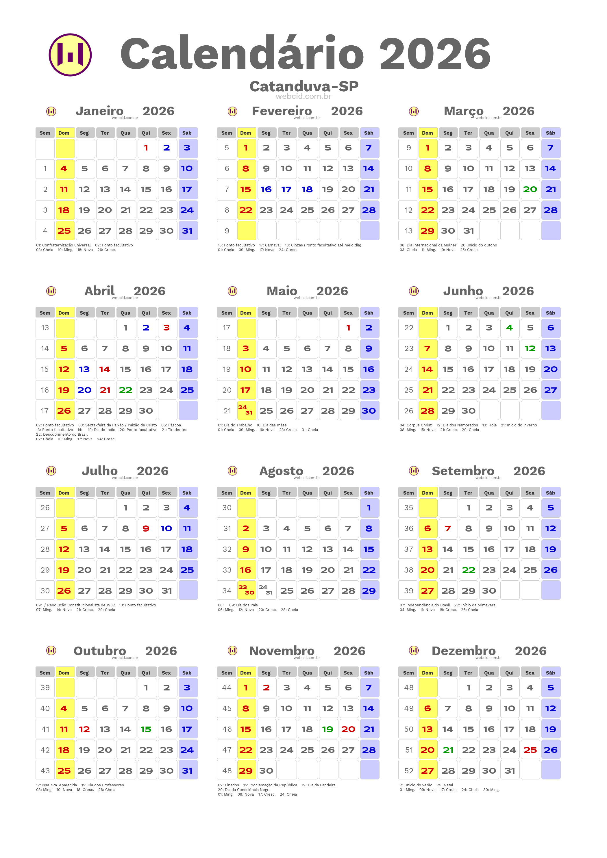 Calendário 2026 - Catanduva-SP com feriados e fases da lua
