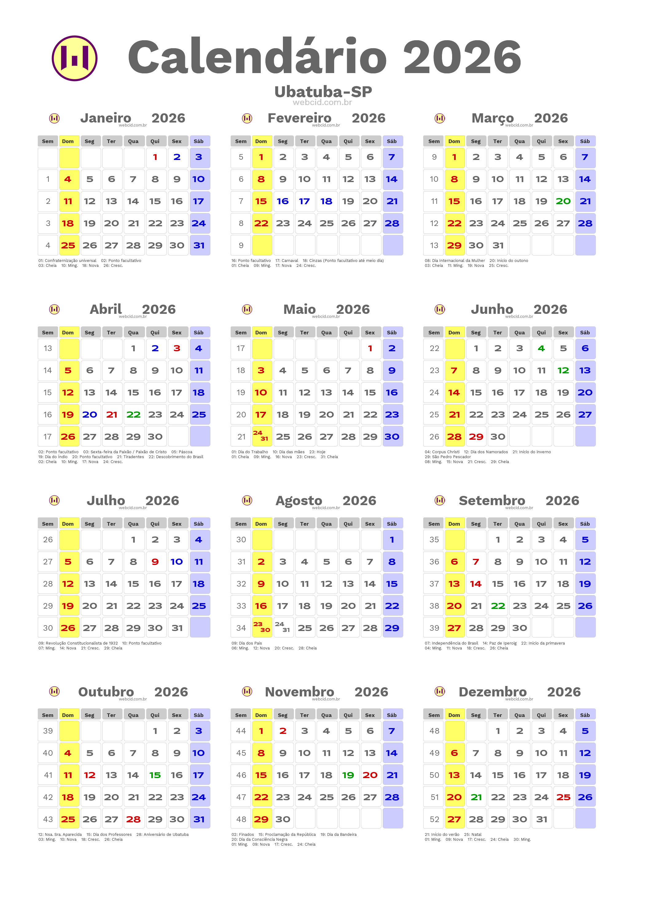 Calendário 2026 - Ubatuba-SP com feriados e fases da lua
