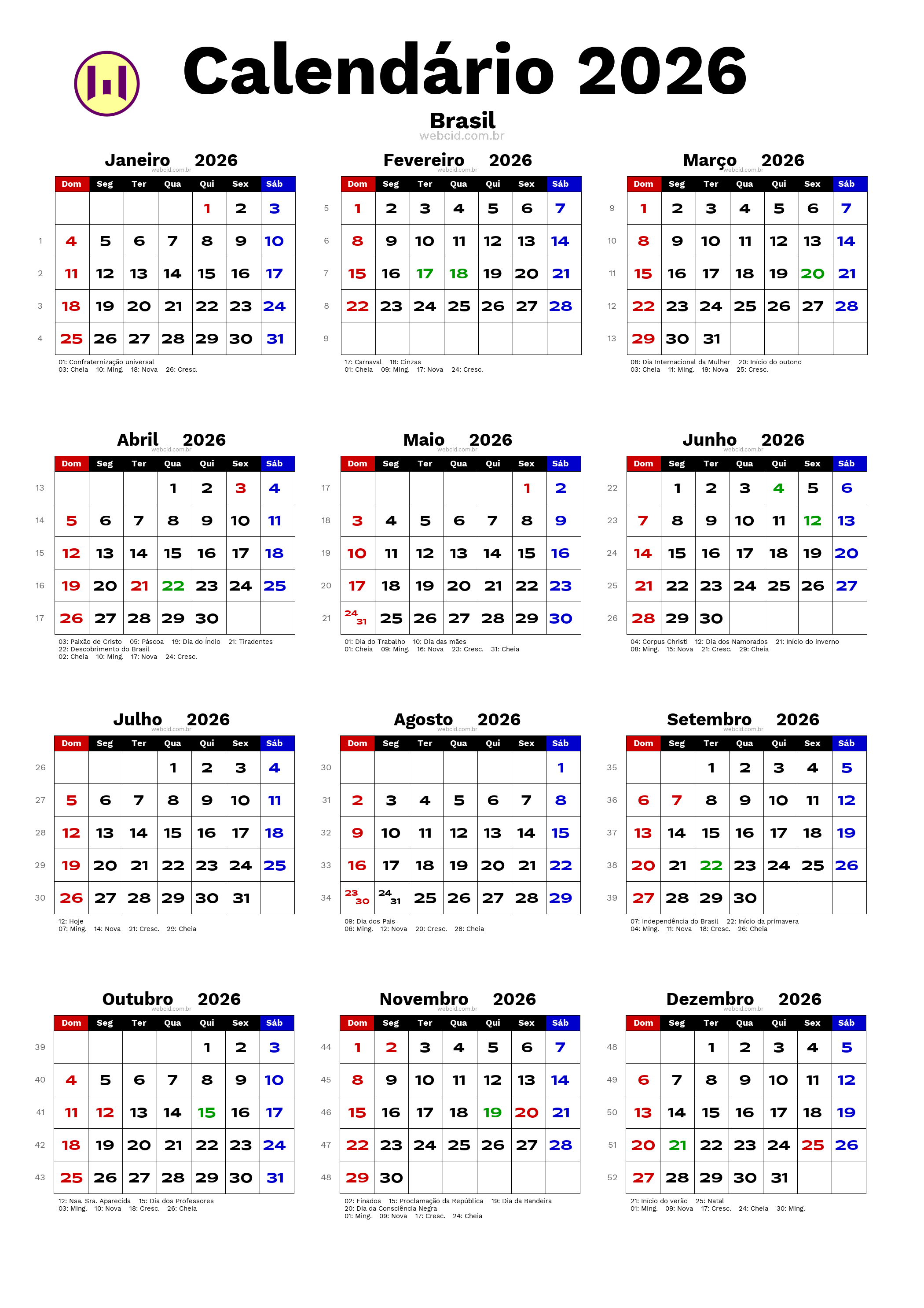 Calendário 2026 - Brasil com feriados e fases da lua