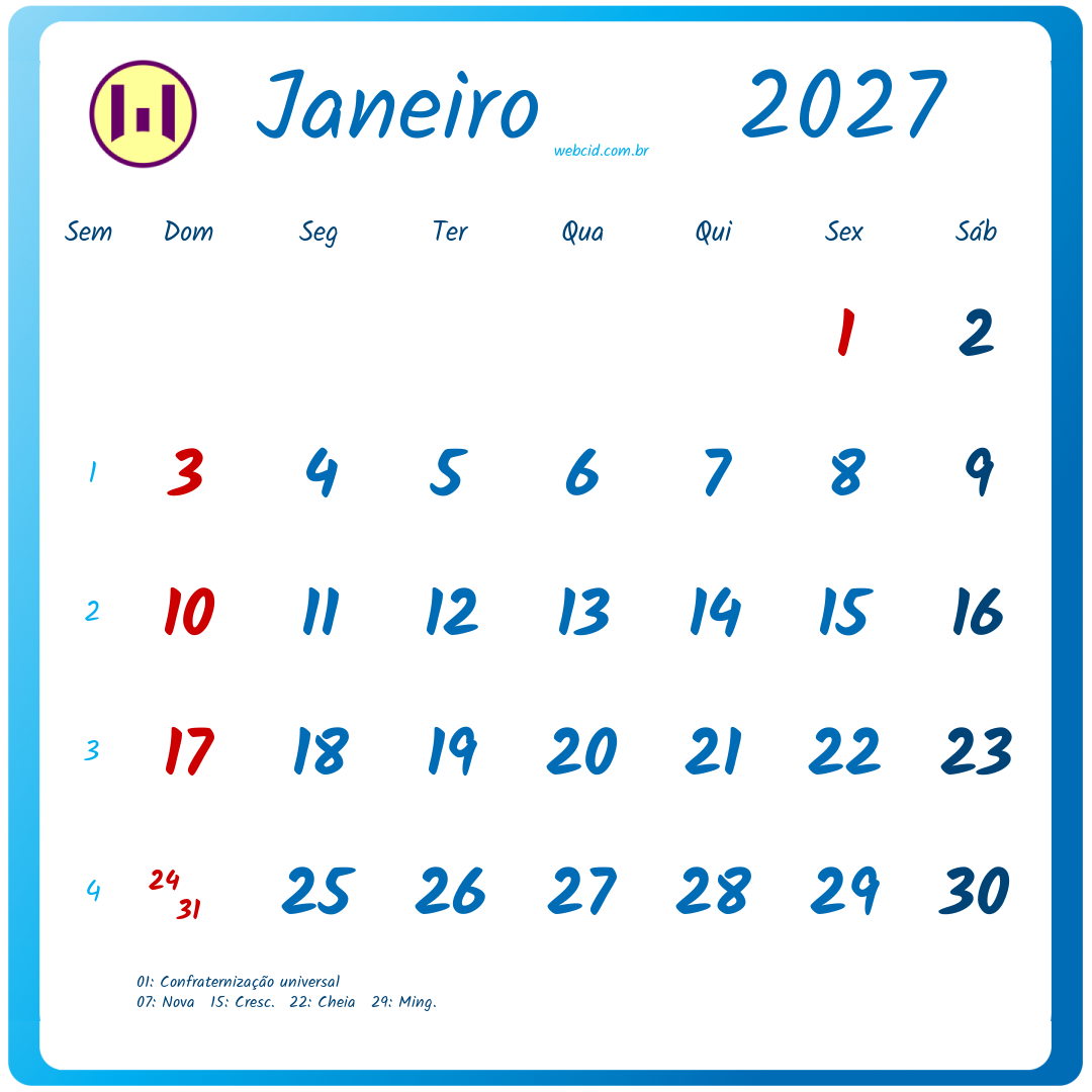 Calendário 2027 - Janeiro - Brasil com feriados e fases da lua