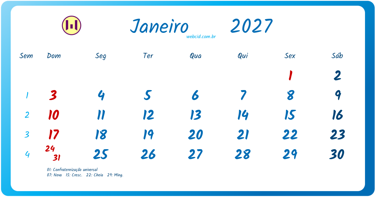 Calendário 2027 - Janeiro - Brasil com feriados e fases da lua