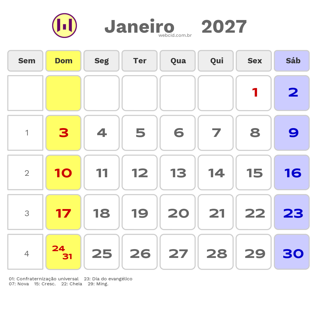 Calendário 2027 - Janeiro - Feijó-AC com feriados e fases da lua