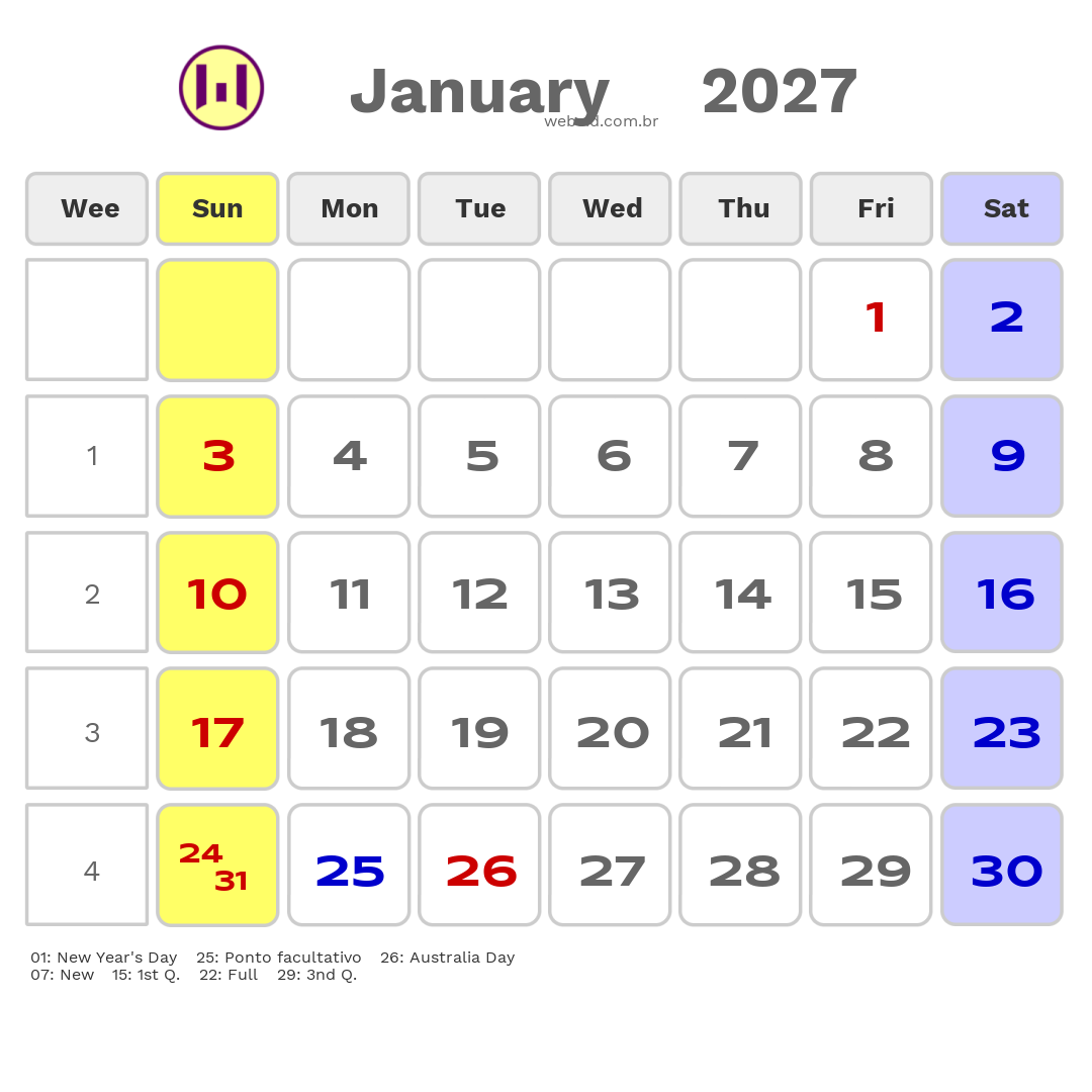 Calendar 2027 - January - Austrália com feriados e fases da lua