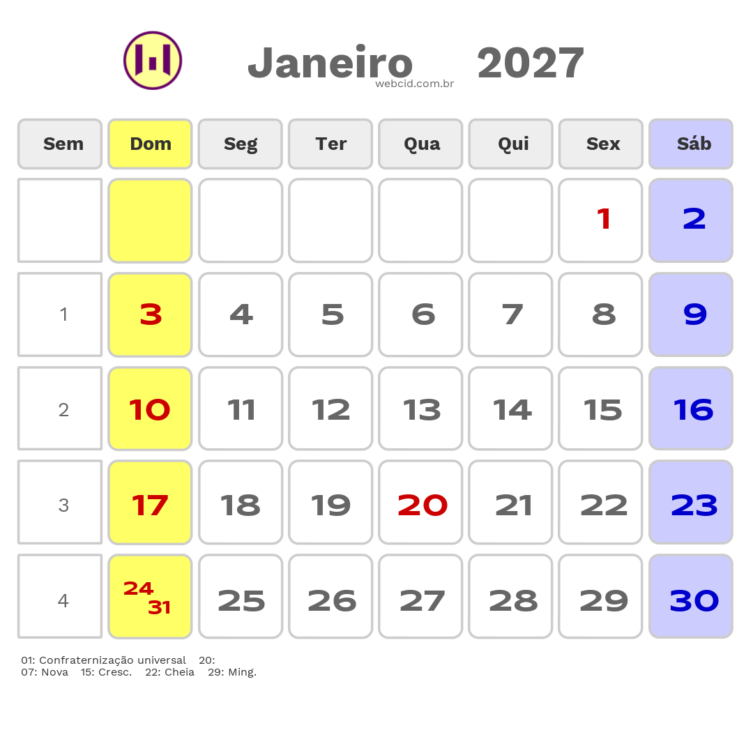 Calendário 2027 - Janeiro - Filadelfia-BA com feriados e fases da lua