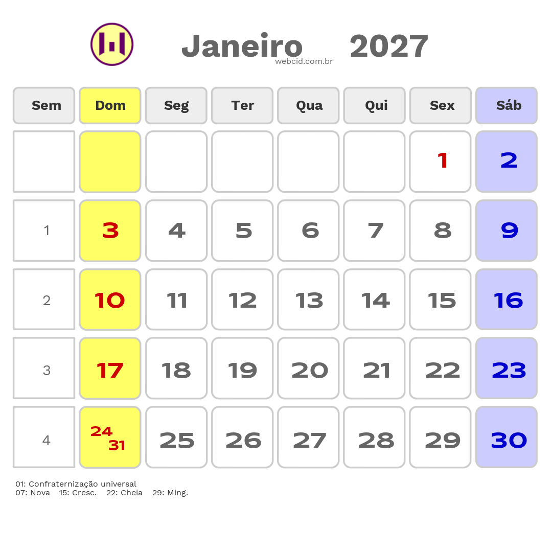 Calendário 2027 - Janeiro - Brasil com feriados e fases da lua