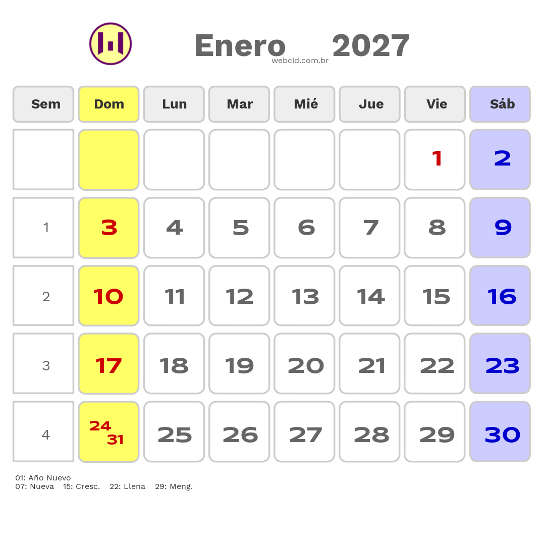 Calendario 2027 - Enero - Chile com feriados e fases da lua
