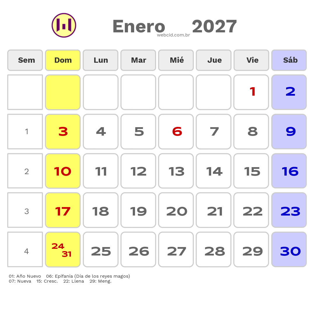 Calendario 2027 - Enero - Colômbia com feriados e fases da lua