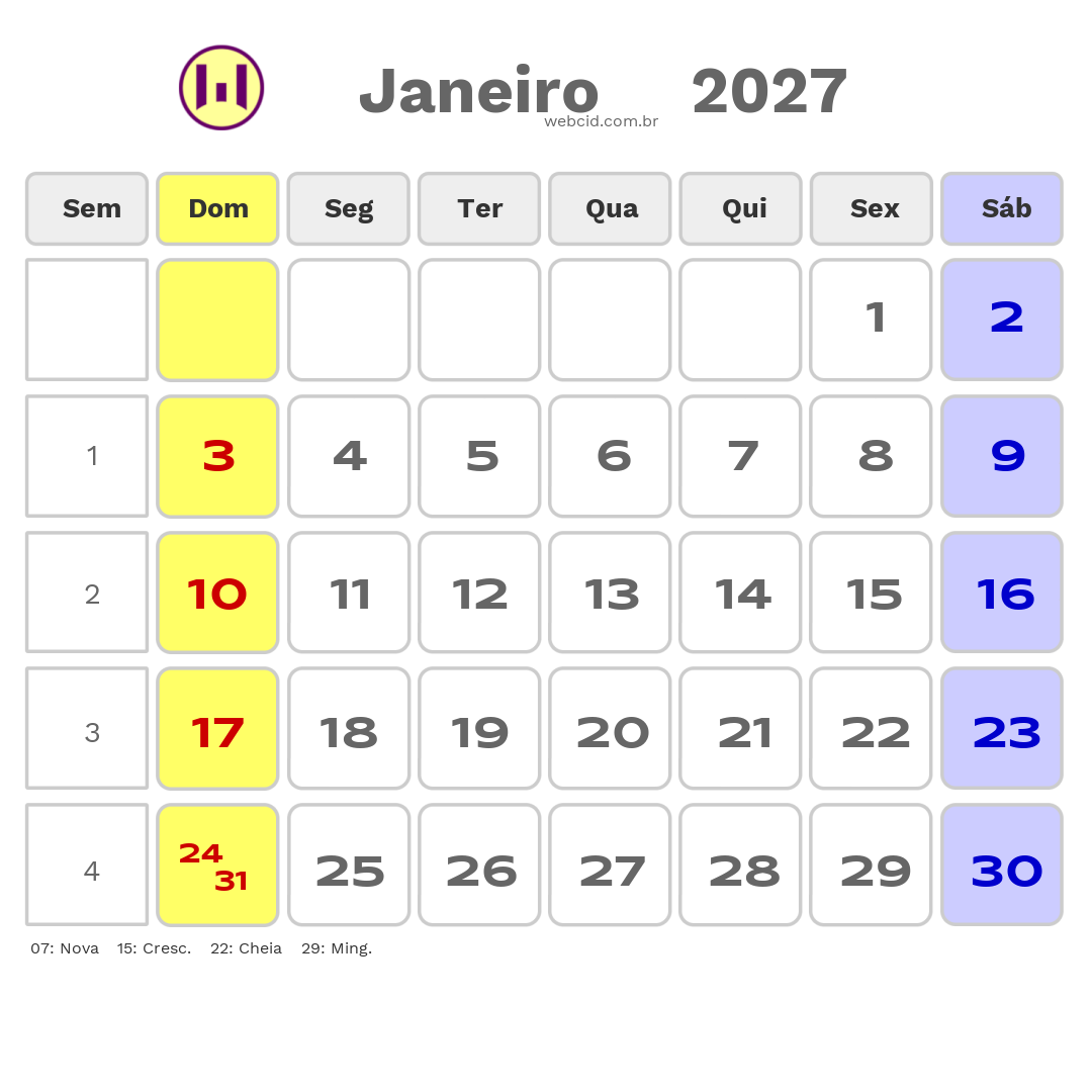 Calendário 2027 - Janeiro - Copa do Mundo FIFA com feriados e fases da lua