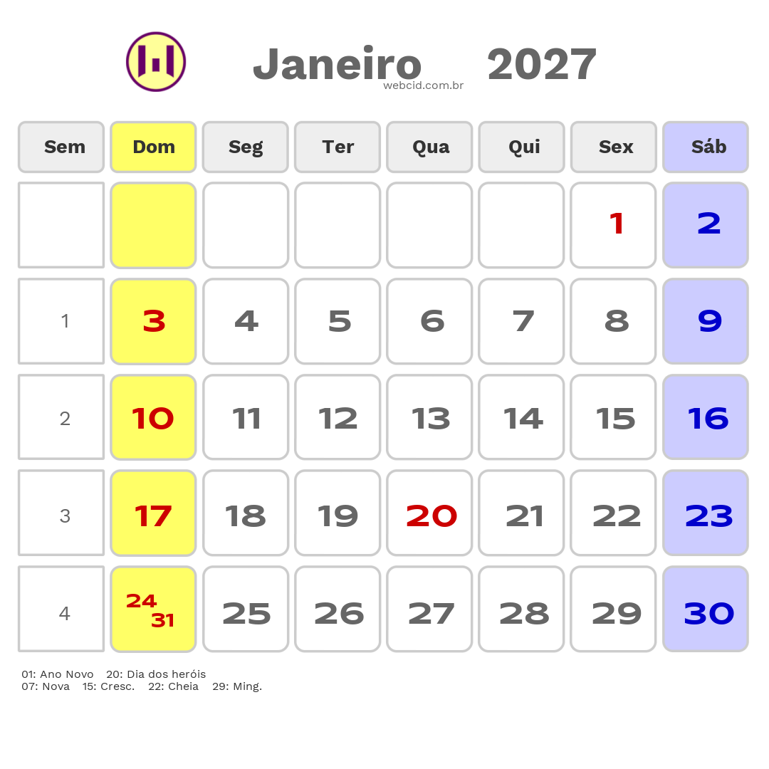 Calendário 2027 - Janeiro - Guiné-Bissau com feriados e fases da lua