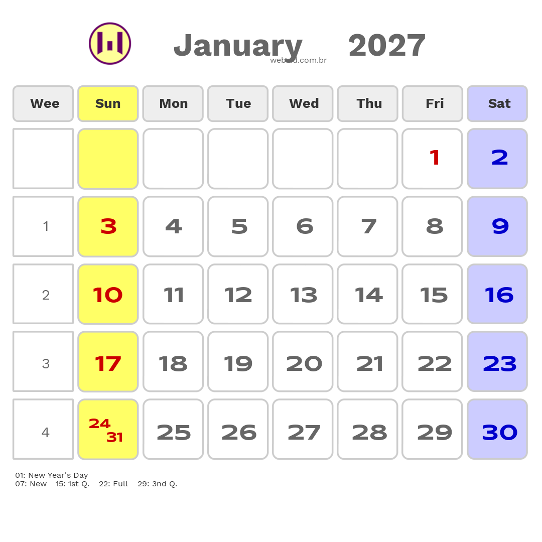 Calendar 2027 - January - Inglaterra com feriados e fases da lua