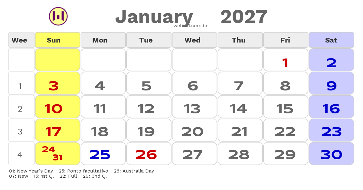 Calendar 2027 - January - Austrália com feriados e fases da lua