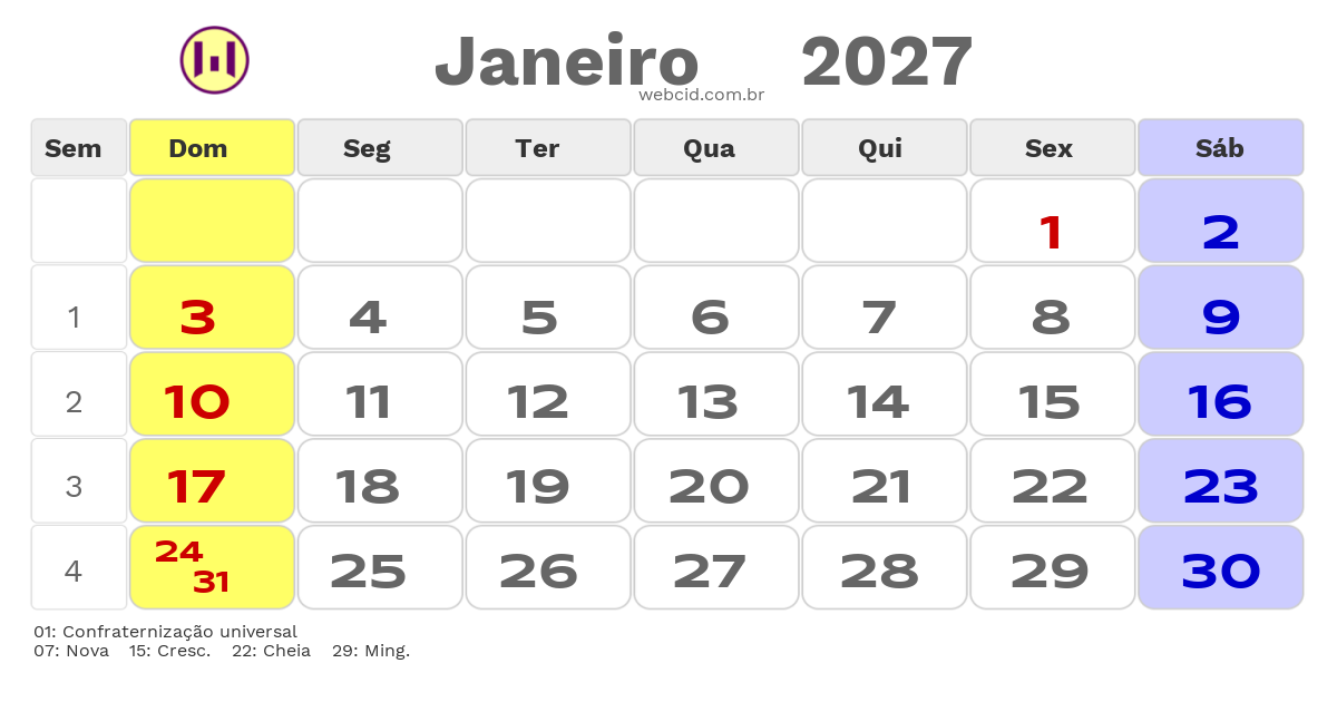 Calendário 2027 - Janeiro - Brasil com feriados e fases da lua