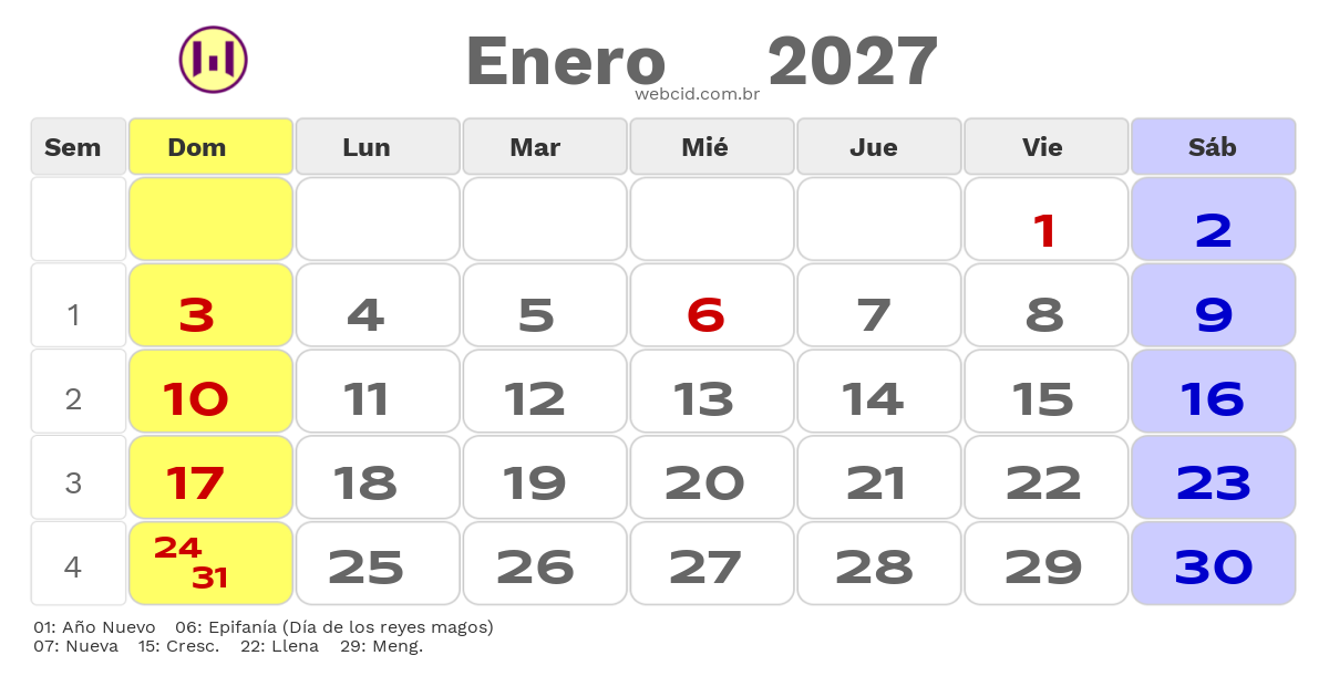 Calendario 2027 - Enero - Colômbia com feriados e fases da lua