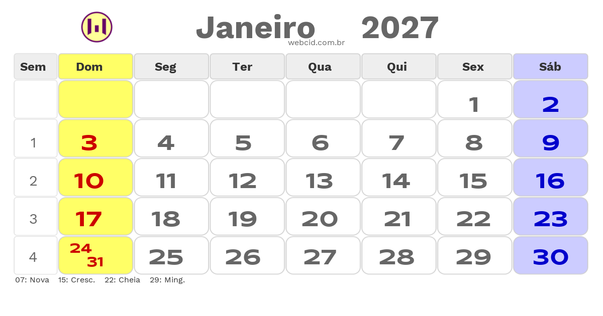 Calendário 2027 - Janeiro - Copa do Mundo FIFA com feriados e fases da lua