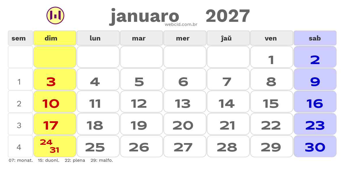 Kalendaro 2027 - januaro - Esperanto-ESPERANTO com feriados e fases da lua