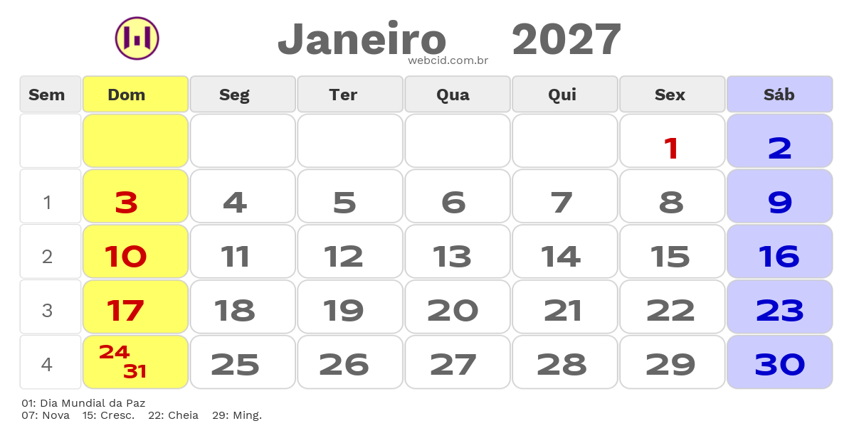 Calendário 2027 - Janeiro - Feriados Bancários com feriados e fases da lua