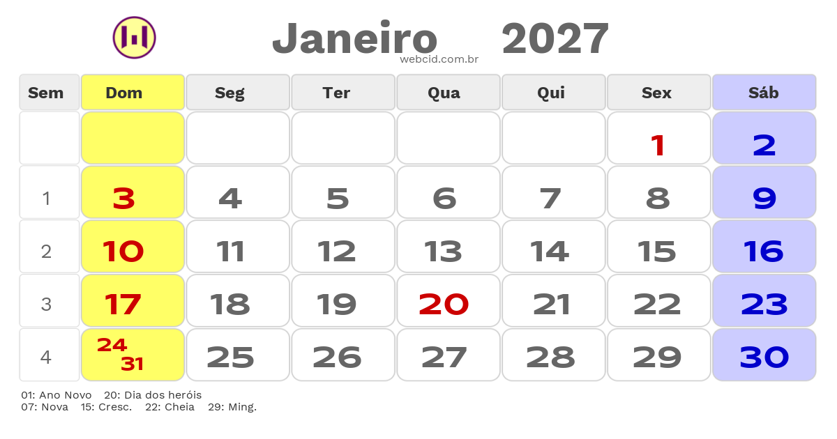 Calendário 2027 - Janeiro - Guiné-Bissau com feriados e fases da lua