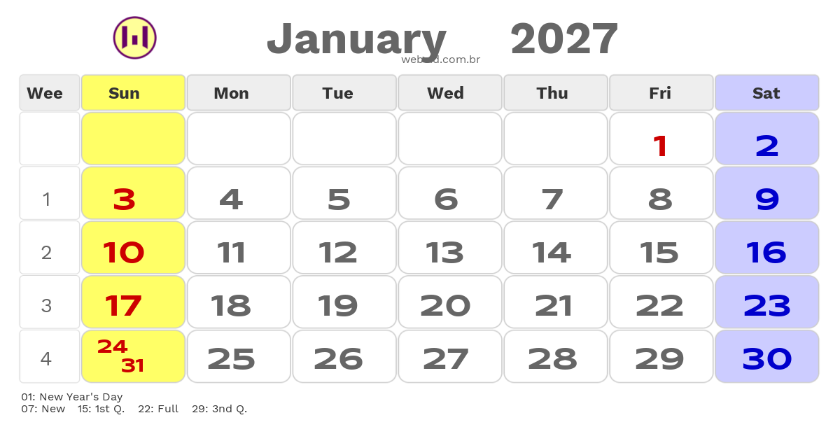 Calendar 2027 - January - Inglaterra com feriados e fases da lua