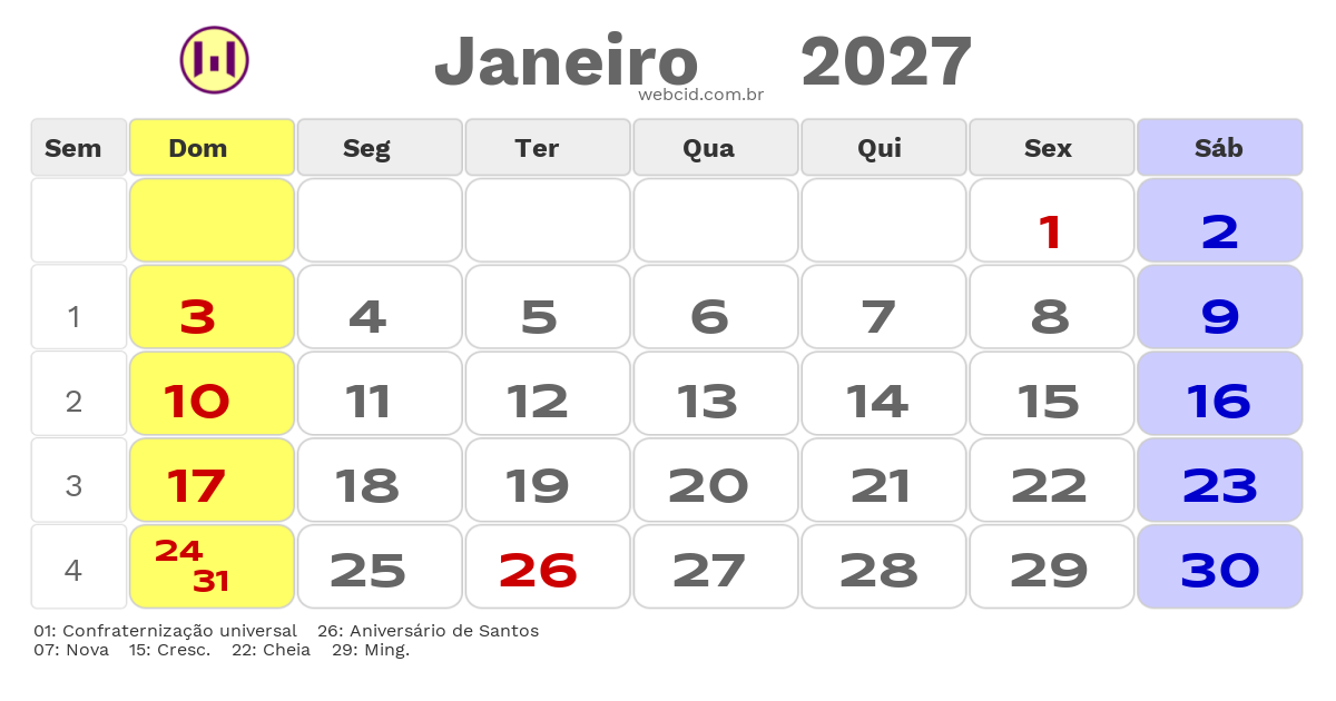 Calendário 2027 - Janeiro - Santos-SP com feriados e fases da lua