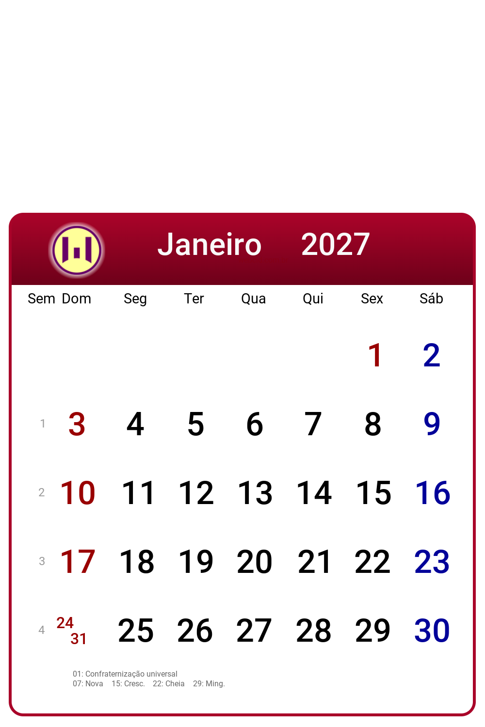 Calendário 2027 - Janeiro - Brasil com feriados e fases da lua