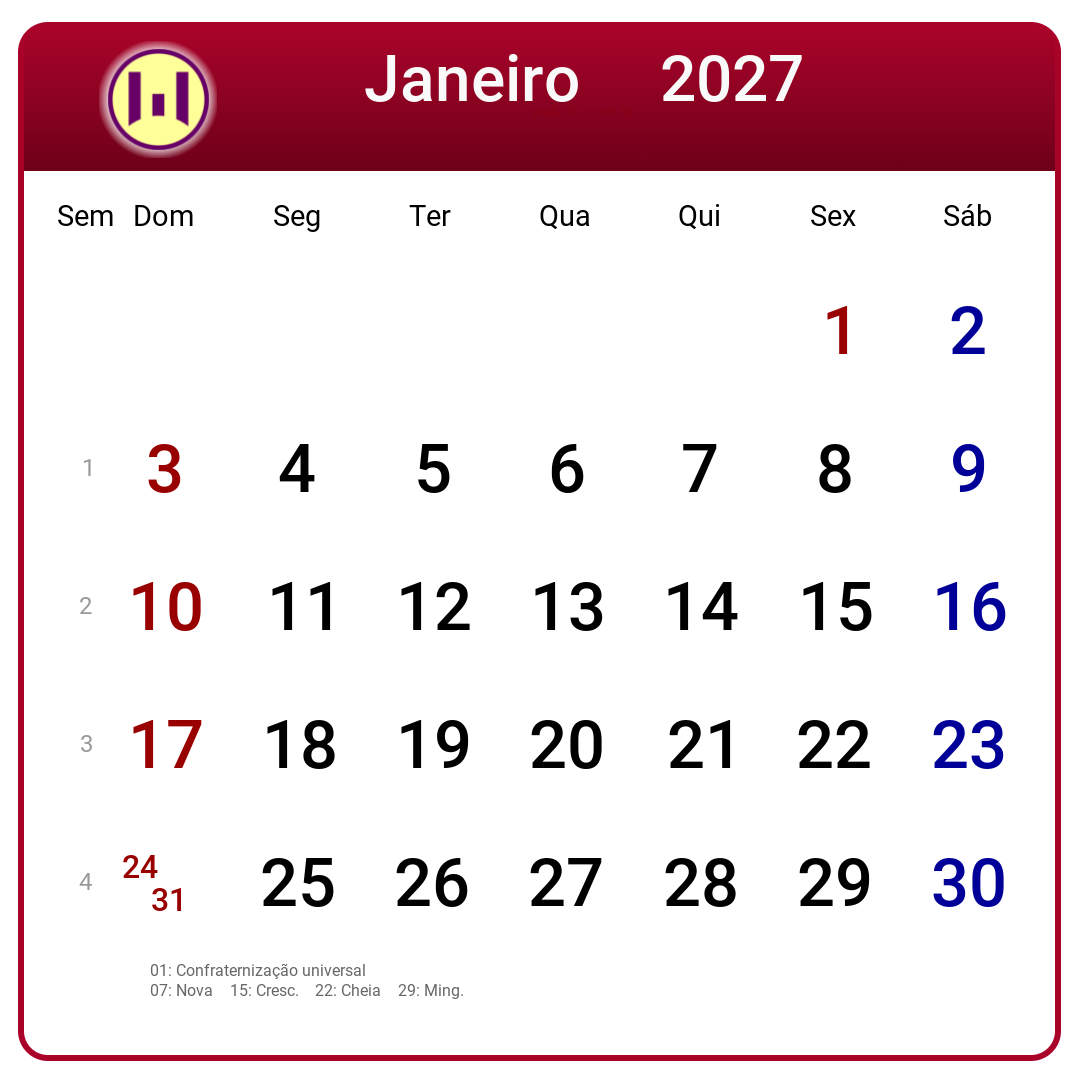 Calendário 2027 - Janeiro - Brasil com feriados e fases da lua
