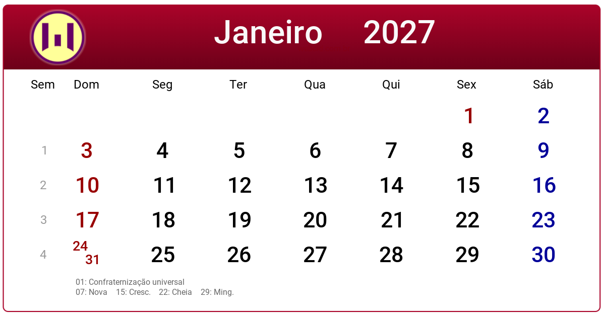Calendário 2027 - Janeiro - Brasil com feriados e fases da lua