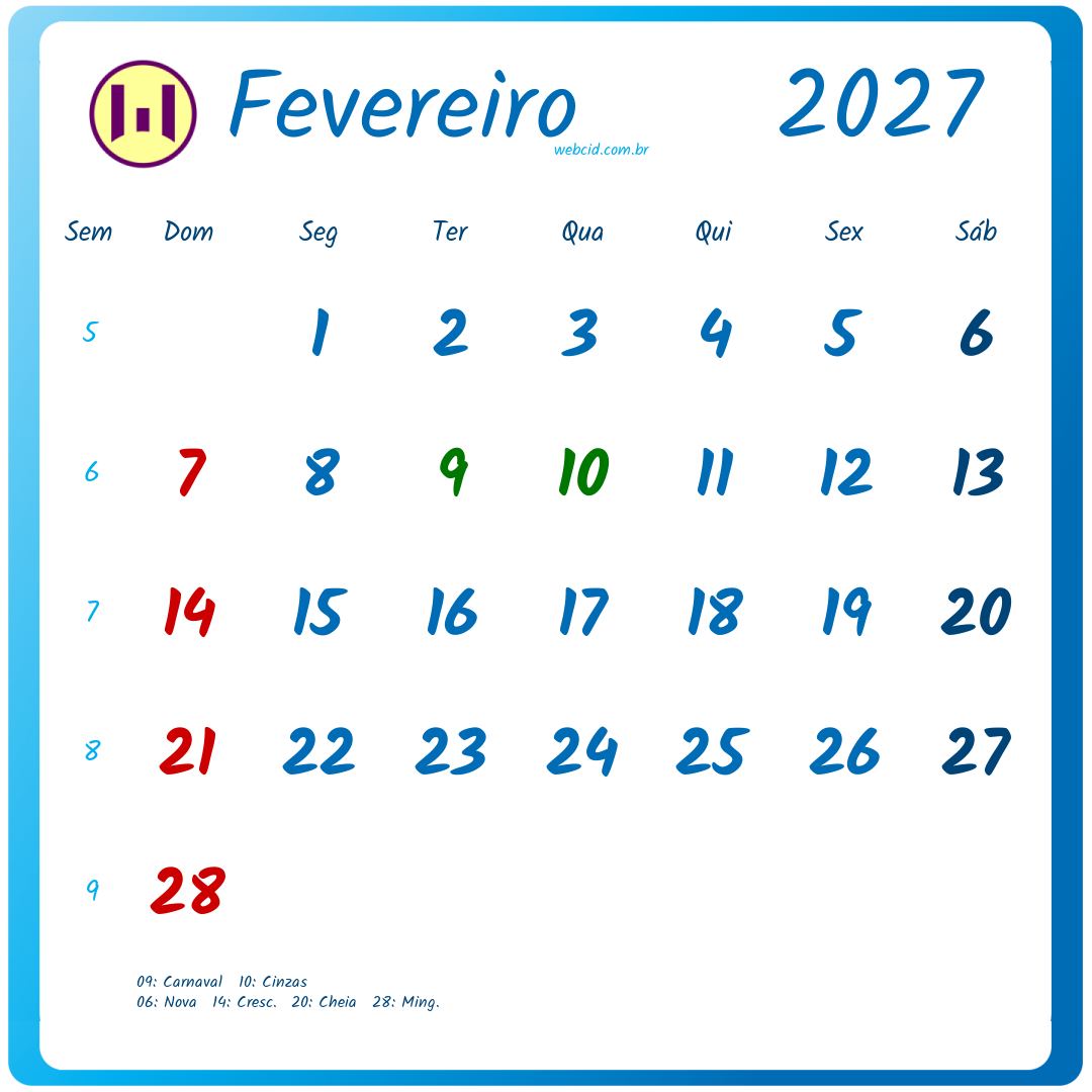 Calendário 2027 - Fevereiro - Brasil com feriados e fases da lua