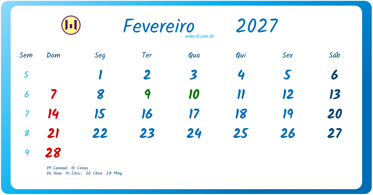 Calendário 2027 - Fevereiro - Brasil com feriados e fases da lua