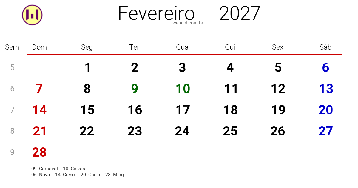 Calendário 2027 - Fevereiro - Brasil com feriados e fases da lua