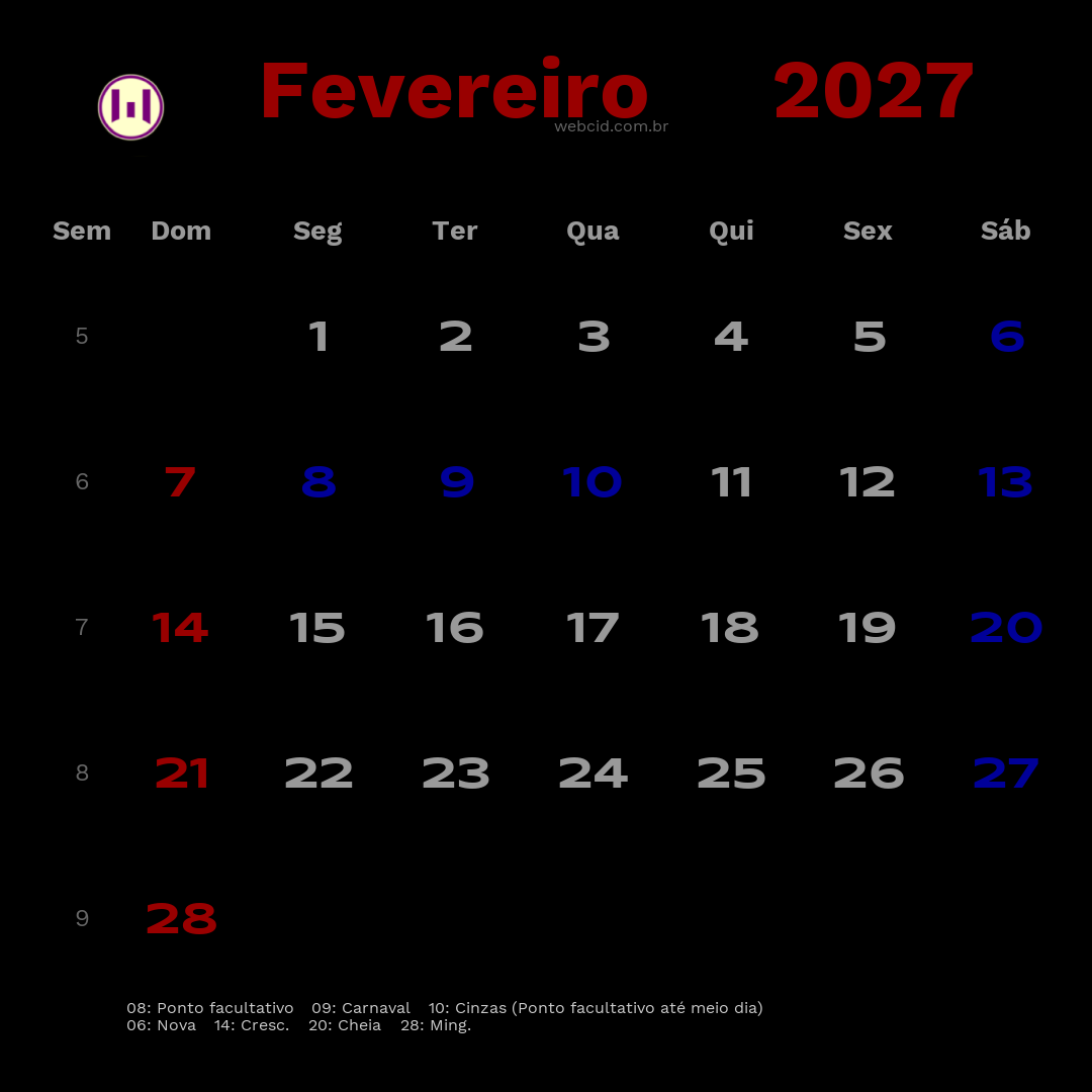 Calendário 2027 - Fevereiro - Brasil com feriados e fases da lua