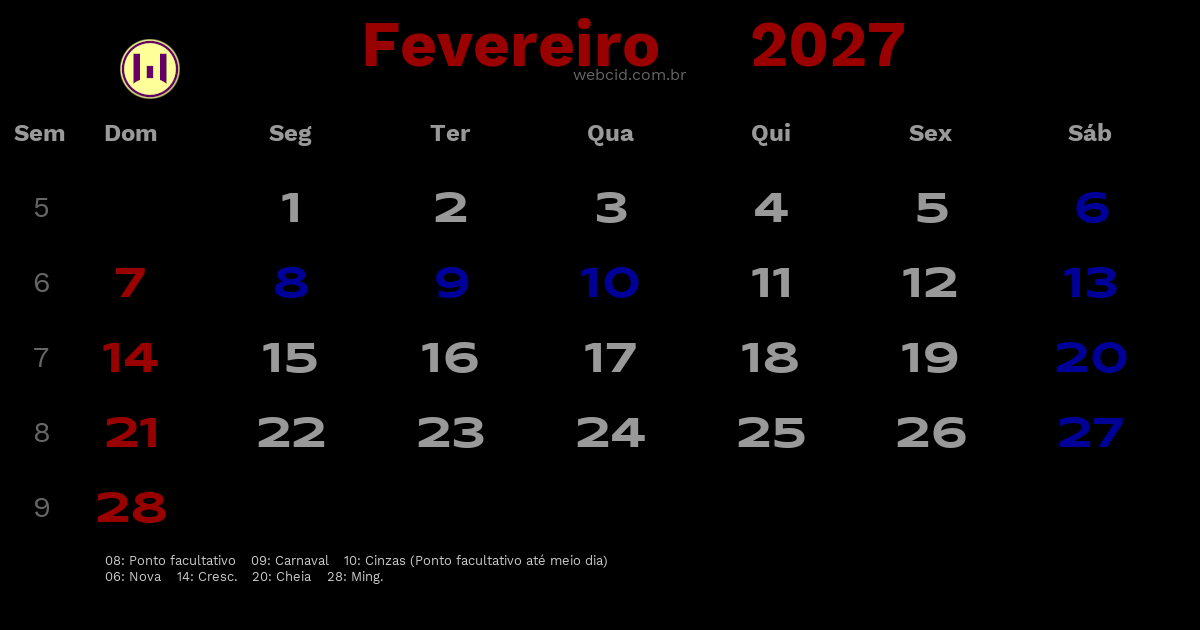 Calendário 2027 - Fevereiro - Brasil com feriados e fases da lua