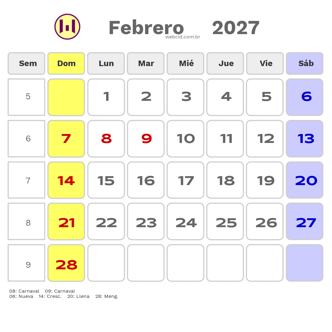 Calendario 2027 - Febrero - Bolívia com feriados e fases da lua