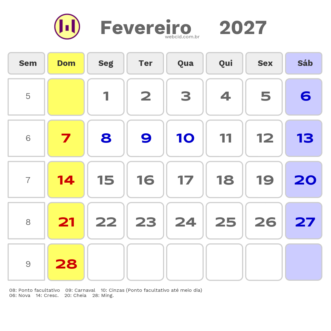 Calendário 2027 - Fevereiro - Brasil com feriados e fases da lua