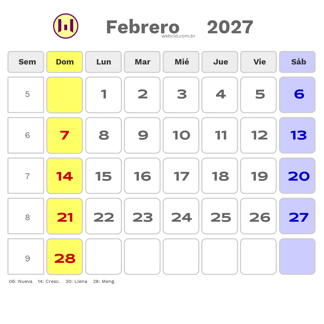 Calendario 2027 - Febrero - Chile com feriados e fases da lua