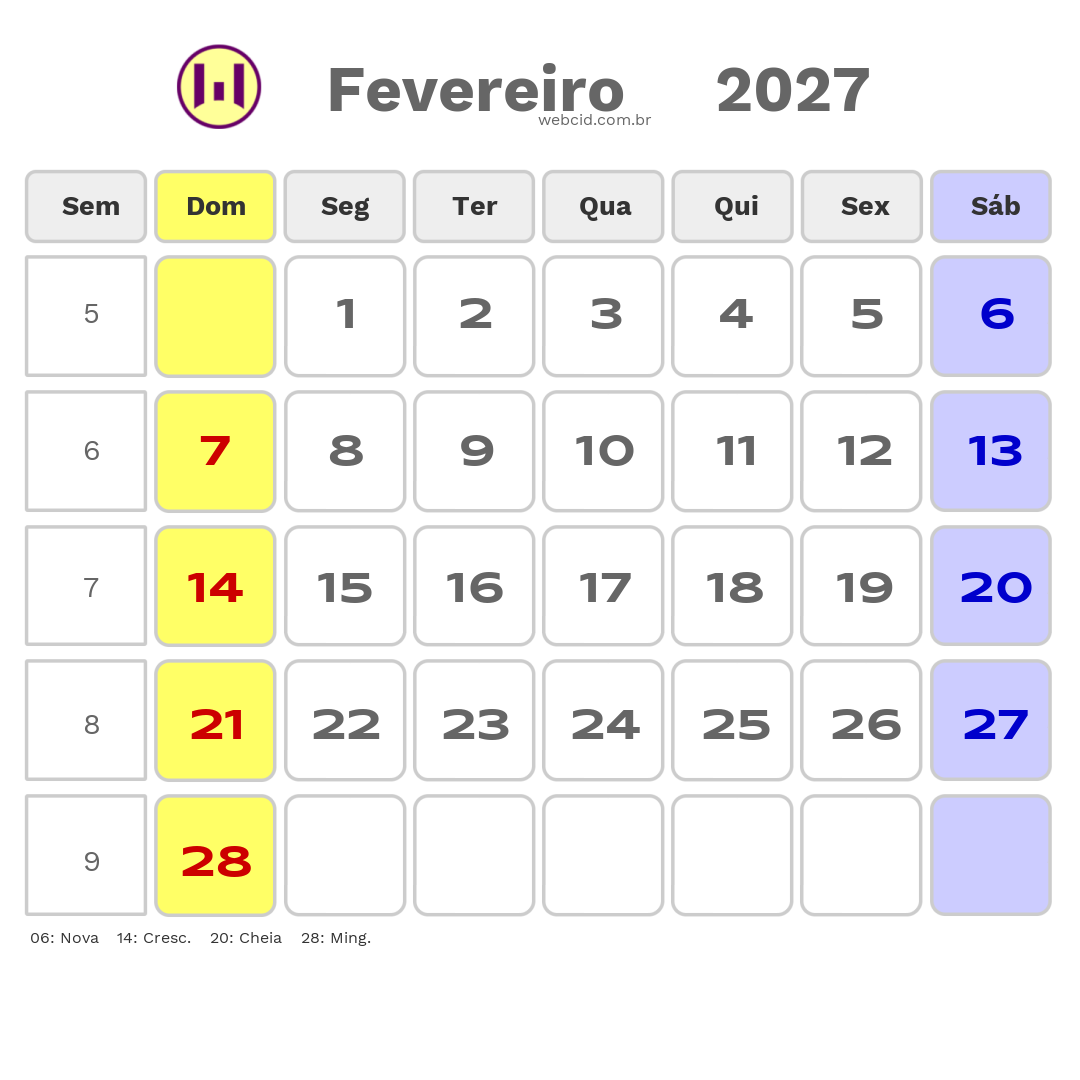 Calendário 2027 - Fevereiro - Copa do Mundo FIFA com feriados e fases da lua