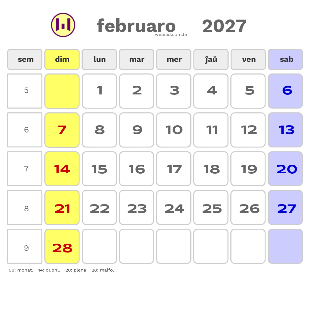 Kalendaro 2027 - februaro - Esperanto-ESPERANTO com feriados e fases da lua