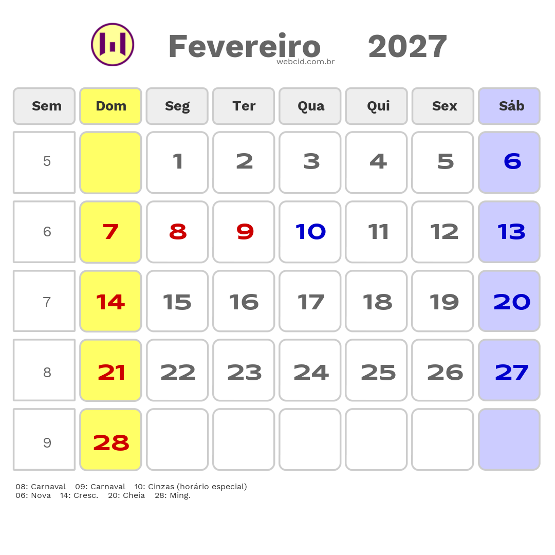 Calendário 2027 - Fevereiro - Feriados Bancários com feriados e fases da lua