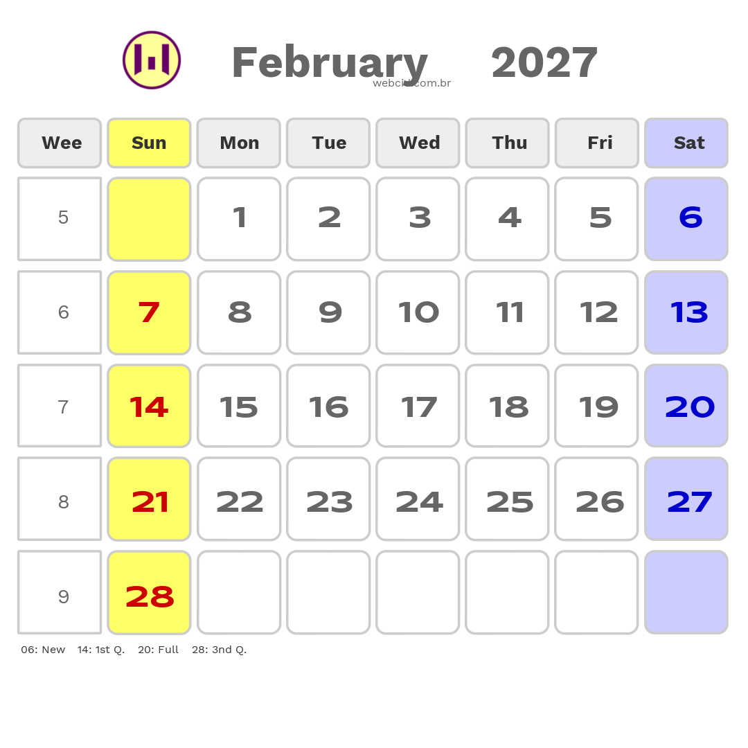 Calendar 2027 - February - Inglaterra com feriados e fases da lua