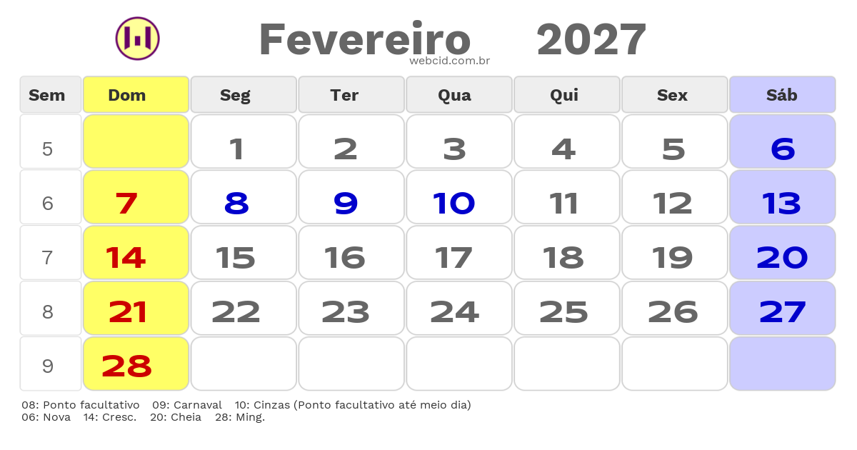 Calendário 2027 - Fevereiro - Brasil com feriados e fases da lua