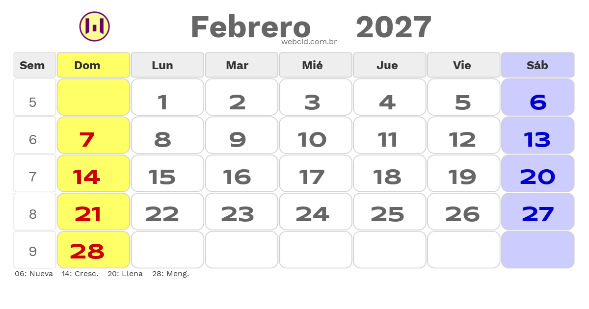 Calendario 2027 - Febrero - Chile com feriados e fases da lua
