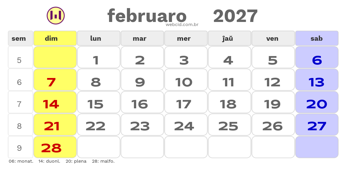 Kalendaro 2027 - februaro - Esperanto-ESPERANTO com feriados e fases da lua