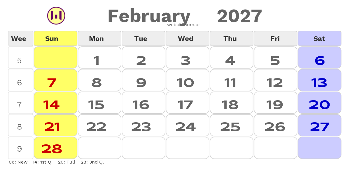 Calendar 2027 - February - Inglaterra com feriados e fases da lua