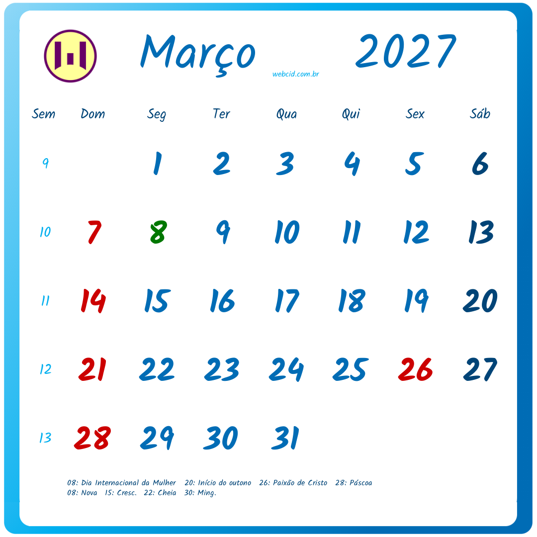 Calendário 2027 - Março - Brasil com feriados e fases da lua