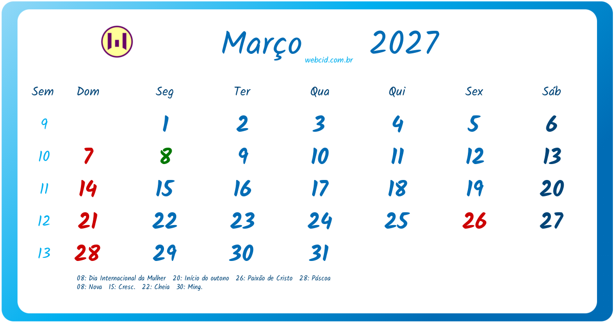 Calendário 2027 - Março - Brasil com feriados e fases da lua