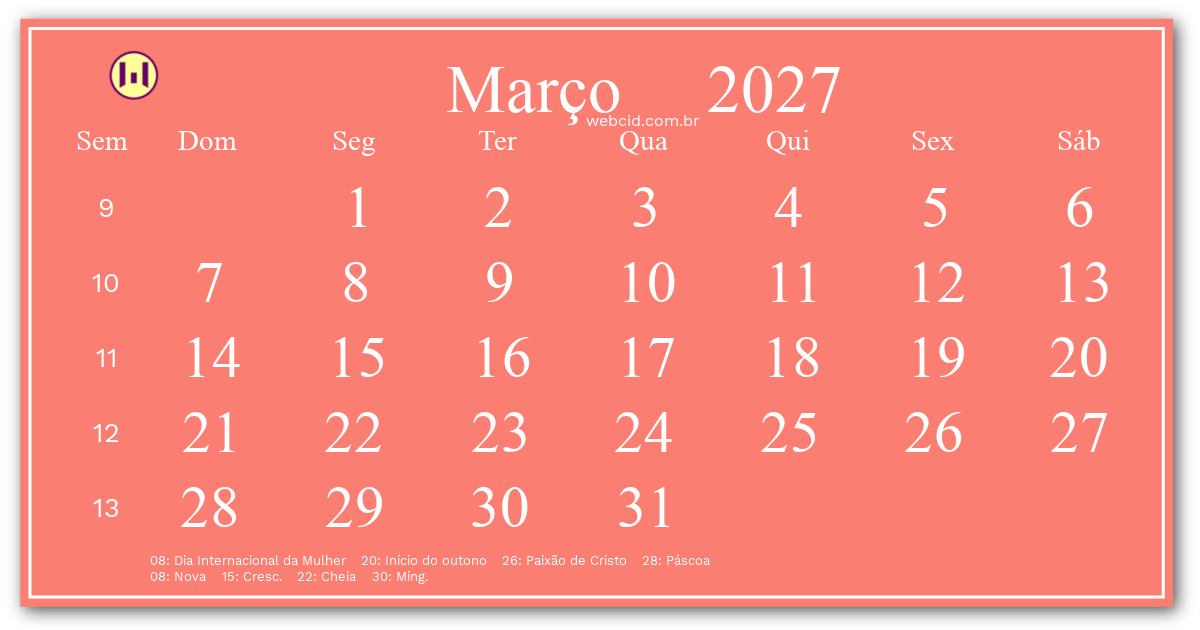 Calendário 2027 - Março - Brasil com feriados e fases da lua