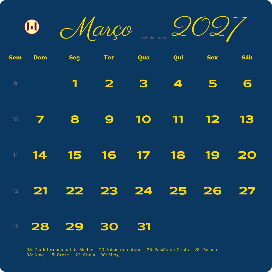 Calendário 2027 - Março - Brasil com feriados e fases da lua