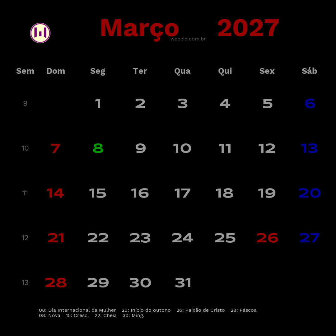 Calendário 2027 - Março - Brasil com feriados e fases da lua