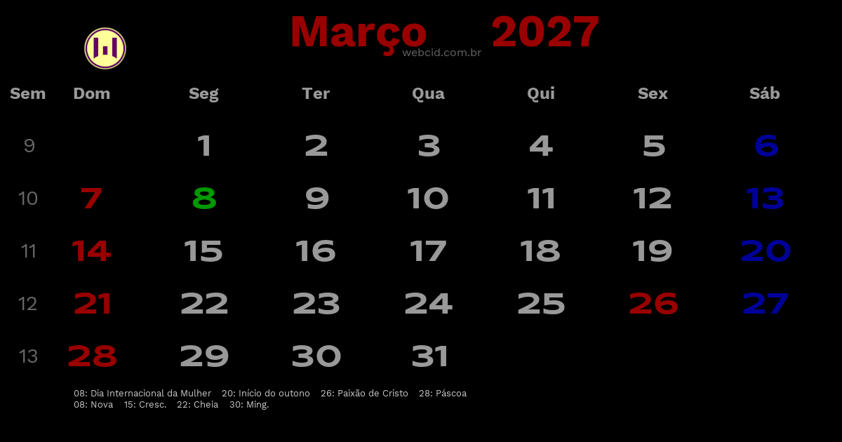 Calendário 2027 - Março - Brasil com feriados e fases da lua