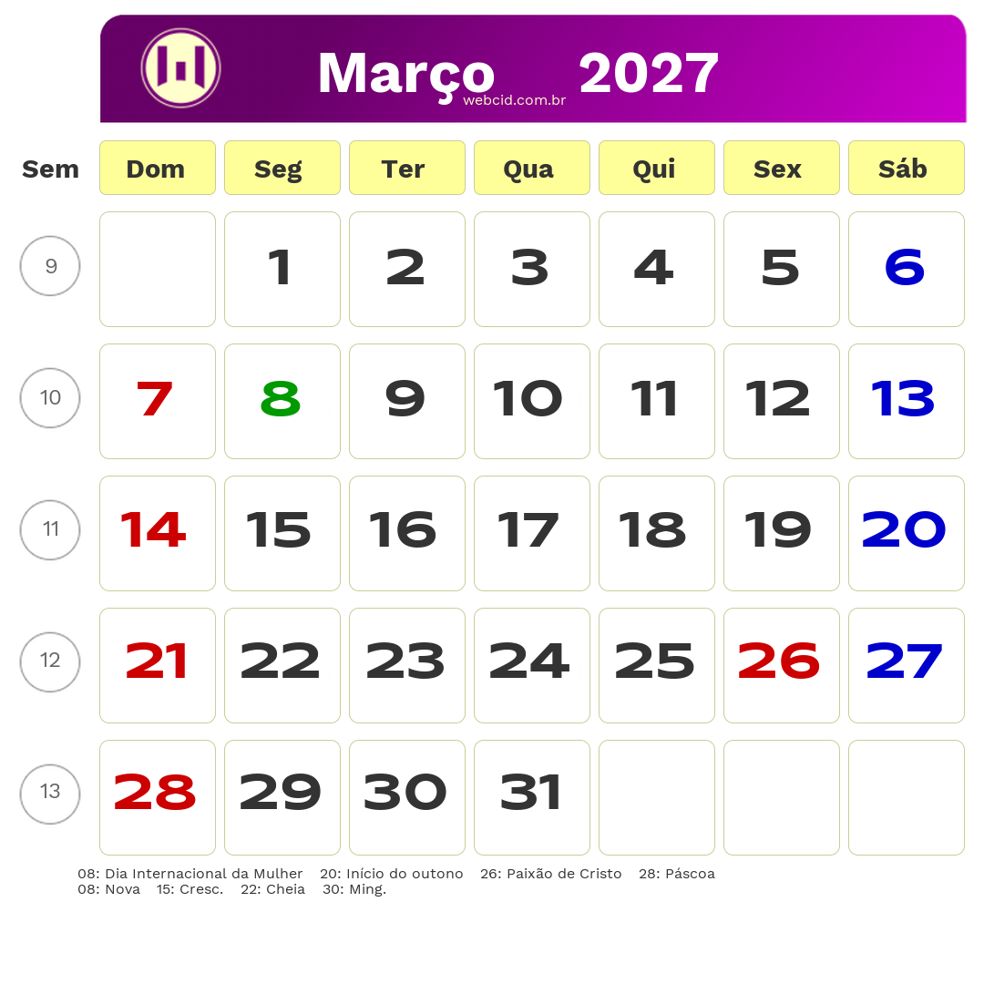 Calendário 2027 - Março - Brasil com feriados e fases da lua