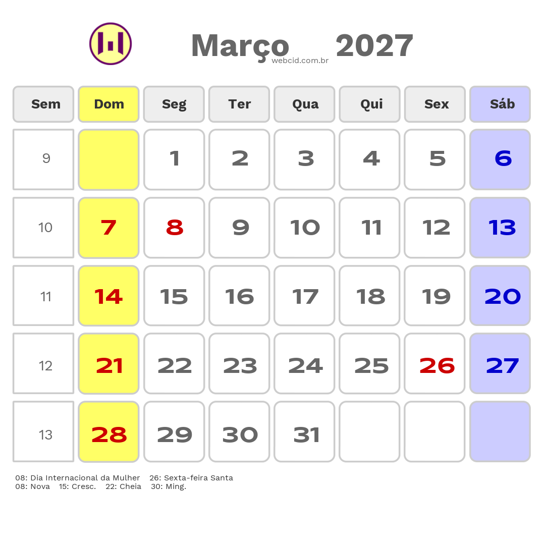Calendário 2027 - Março - Angola com feriados e fases da lua